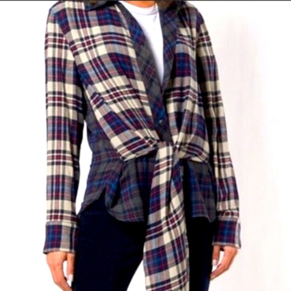 RAG & BONE wool tie front plaid western academia button down long sleeve top USA